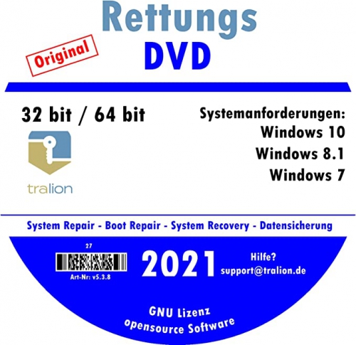 TRALION Rettungs DVD 2021 - CD/DVD für Windows XP, Windows Vista, Windows 7, Windows 8.1, Windows 10 - System Rettung, Notfall DVD - 32bit, 64bit - deutsch