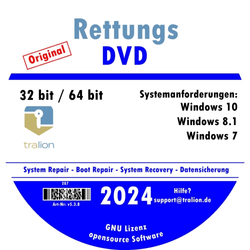 TRALION Rettungs DVD 2024 - CD/DVD für Windows XP, Windows Vista, Windows 7, Windows 8.1, Windows 10 - System Rettung, Notfall DVD - 32bit, 64bit - deutsch