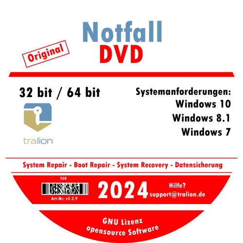 TRALION Notfall-DVD 2024 - CD/DVD für Windows XP, Windows Vista, Windows 7, Windows 8.1, Windows 10 - System Rettung, Notfall DVD - 32bit, 64bit - deutsch