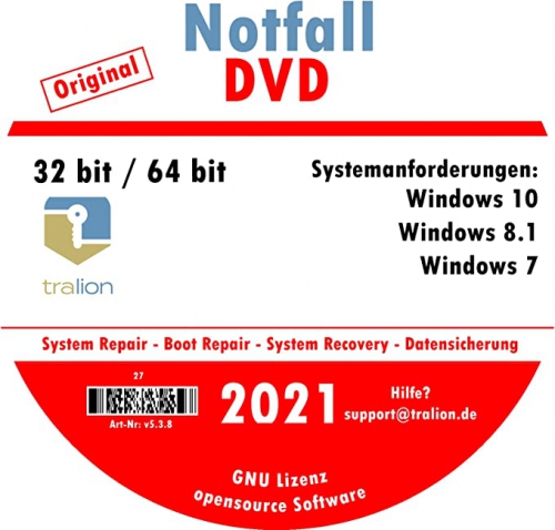 TRALION Notfall-DVD 2021 - CD/DVD für Windows XP, Windows Vista, Windows 7, Windows 8.1, Windows 10 - System Rettung, Notfall DVD - 32bit, 64bit - deutsch
